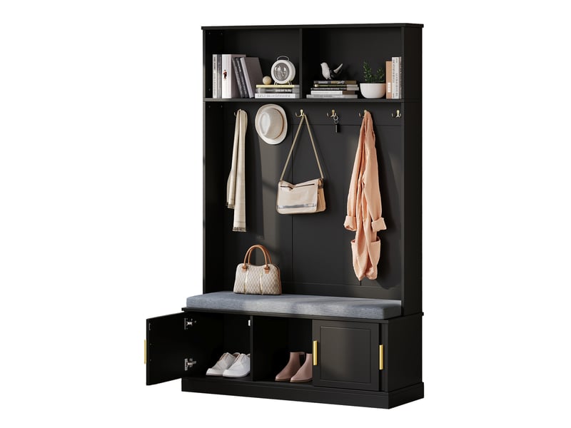  Meuble d'entrée avec banc, range-chaussures, étagère et 6 crochets triples pour couloir, noir, 120 × 40 × 191 cm  - Conforama A