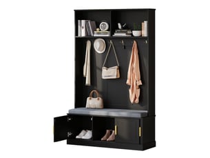 Meuble d'entrée avec banc, range-chaussures, étagère et 6 crochets triples pour couloir, noir, 120 × 40 × 191 cm