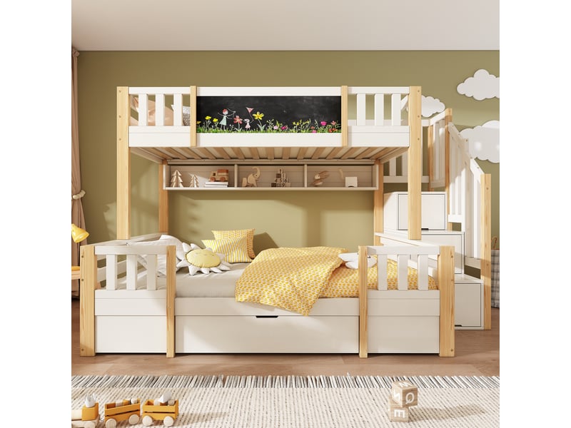  Lit superposé enfant 90x200 cm + 140x200 cm avec rangement et escalier-coffre, bois et mdf, blanc et naturel, sans matelas  - Conforama B