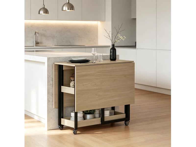  Table à manger pliante 4 personnes avec roulettes, rangements ouverts et plateau extensible bois clair pour petits espaces  - Conforama E