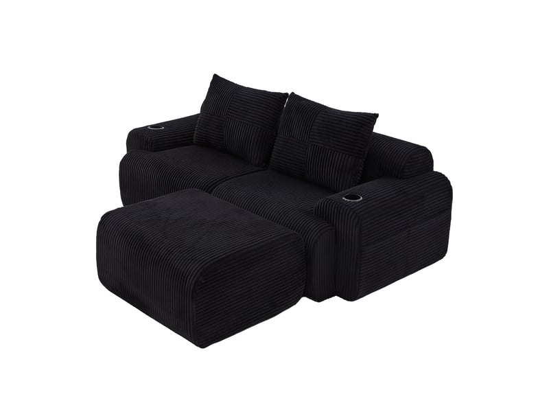  Canapé modulable ulevr 2 places avec poufs, porte-gobelets et poche latérale, velours côtelé noir, 200 x 174 x 80 cm  - Conforama A