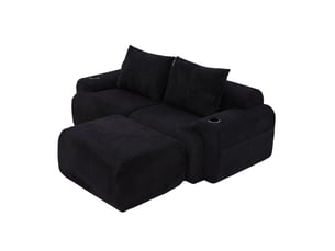 Canapé modulable ulevr 2 places avec poufs, porte-gobelets et poche latérale, velours côtelé noir, 200 x 174 x 80 cm