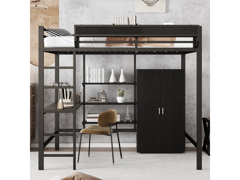  Lit mezzanine noir en métal et mdf 140x200cm avec bureau, double rangement, étagère et armoire intégrée  - Conforama D
