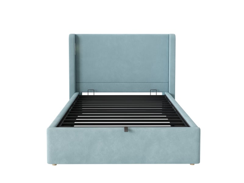  Lit capitonné, 90×200 cm, simple, hydraulique, sommier + tête de lit + grand rangement, led + usbtype-c, velours, bleu  - Conforama A