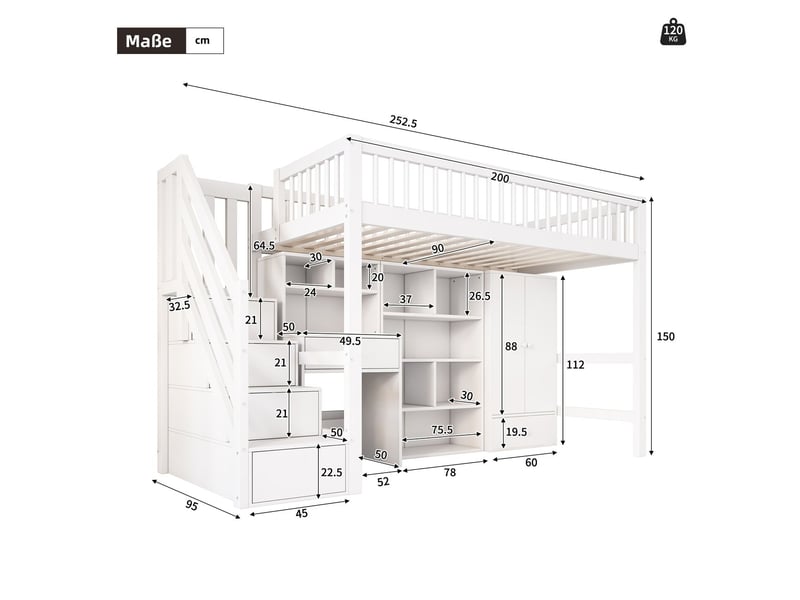  Lit mezzanine 90 x 200 cm avec bureau intégré, armoire, étagères et escalier de rangement en bois massif - gain de place - blanc  - Conforama C