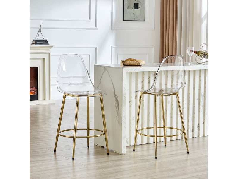  Lot de 2 - tabouret de bar - 41,5 x 59 x 102 cm-transparent et or - en plastique transparent avec dossier ergonomique  - Conforama E