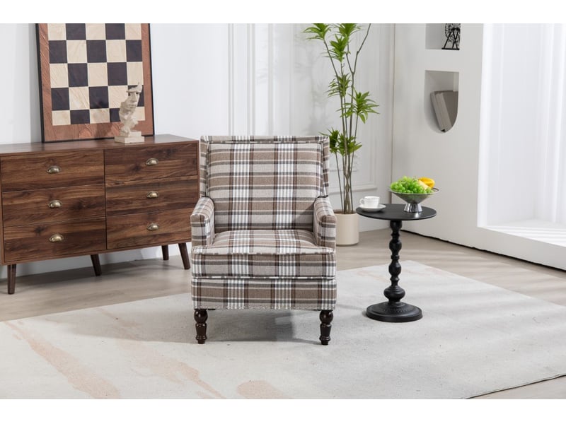  Fauteuil rembourré - 69x69x89 cm - finition clous et bois - style vintage luxe - tissu lin coton - rayures marron et blanc  - Conforama C