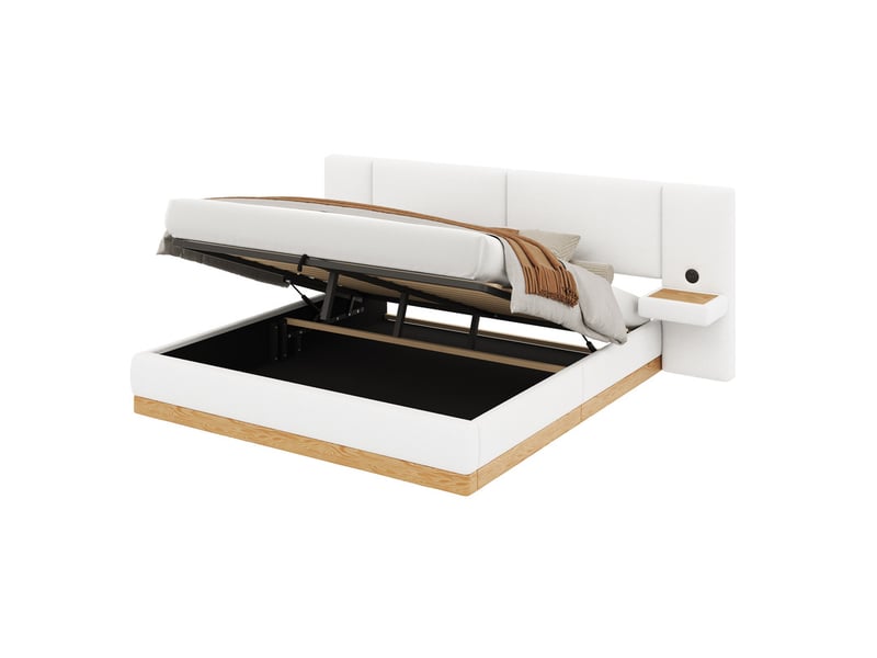 Lit coffre rembourré 180x200 cm - avec étagères en tête de lit et ports usb - tissu teddy + pu - blanc+naturel (sans matelas) - Conforama A