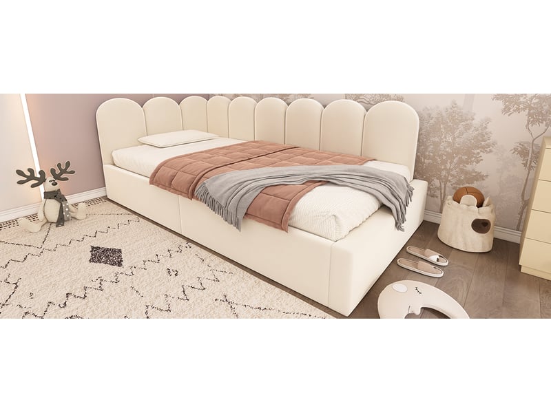  Lit coffre simple 90x200 cm avec sommier métallique et ouverture hydraulique - velours beige - sans matelas  - Conforama C