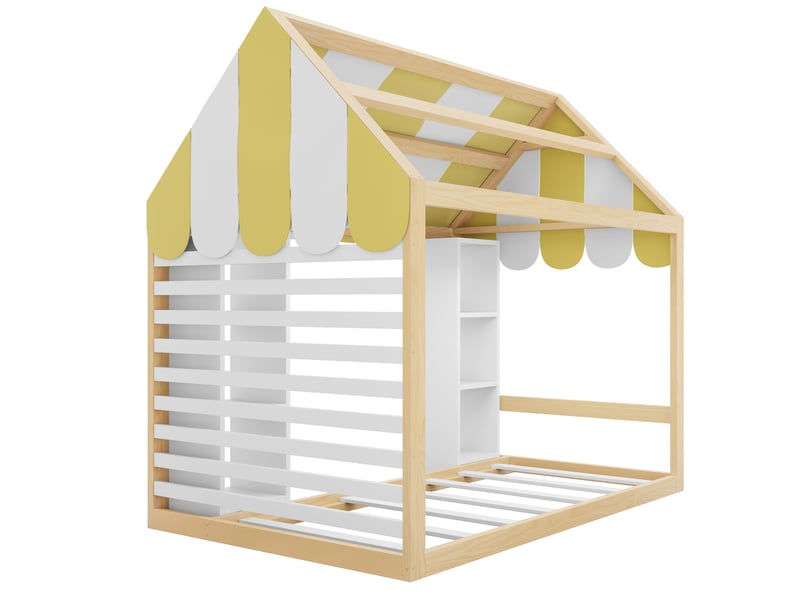  Superbe lit enfant 90x200 lit à baldaquin, lit avec rangement ouvert pour chambre, design cabane couleur blanc et naturel.  - Conforama C