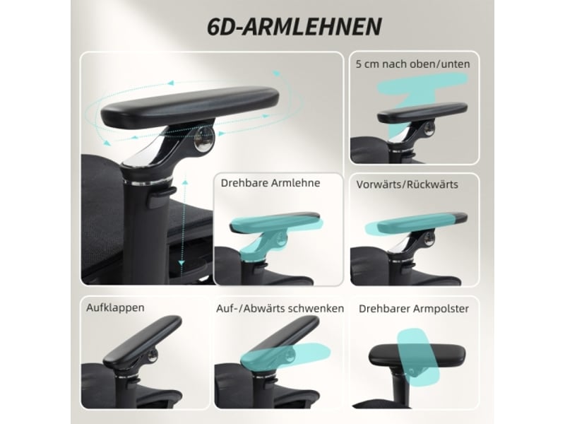 Chaise de bureau ergonomique en mesh, appui-tête et soutien lombaire réglables, noir, repose-pieds - Conforama E