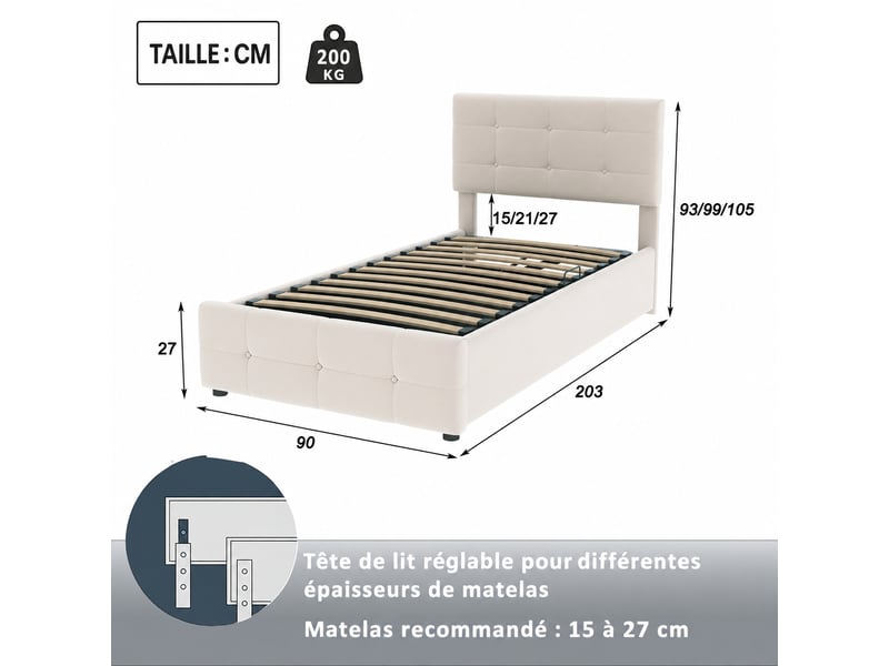  Lit coffre enfant 90x200 cm à relevage hydraulique, velours beige et tête réglable  - Conforama C