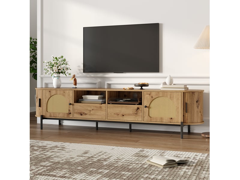  Meuble tv modenvie ovale 200 x 40 x 49,5 cm en mdf naturel avec portes en rotin  - Conforama E