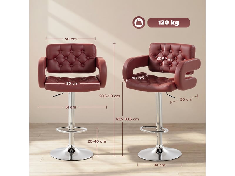  Tabouret de bar avec dossier et accoudoirs, hauteur réglable et repose-pieds, en similicuir rouge  - Conforama E
