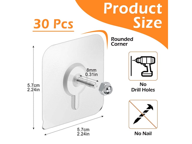  Lot de 30 accroche tableau sans percer - crochets adhésifs transparents forts pour cadres, posters, photos, miroirs, décoration murale  - Conforama B