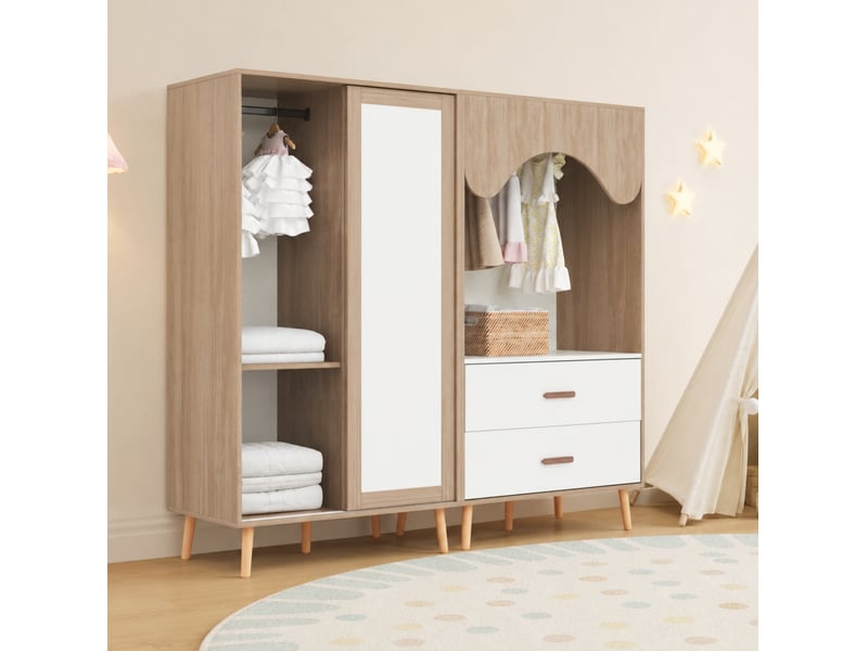  Armoire combinée tcqpz enfant avec porte coulissante, armoire ouverte, tiroirs et tringle, 160 x 46 x 141,5 cm, blanc et bois naturel  - Conforama B