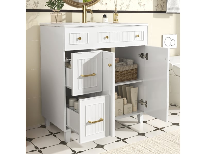  Meuble salle de bain avec lavabo 81.7 cm blanc - meuble sous vasque sur pied en mdf laqué et céramique  - Conforama B