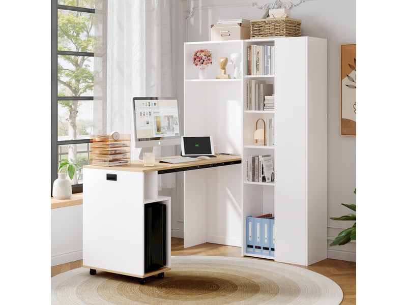  Bureau bibliothèque pliable 104,5x30,5x160 cm, angle droit avec prise usb, étagères réglables et anti-basculement, mdf, blanc OMNIGLINT TRADING LTD - Conforama B
