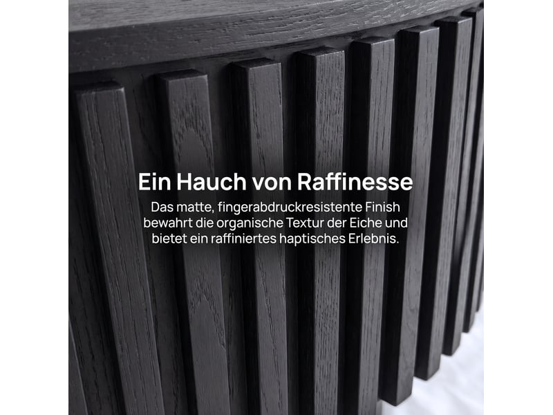 Table basse ovale avec rangement dissimulé et plateau amovible, décor cannelé, en bois et mdf noir mat pour salon - Conforama E