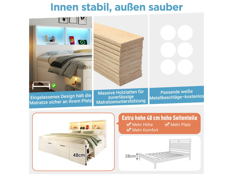  Lit double 140x190 cm avec éclairage led et port usb-c, blanc, lit coffre avec tiroirs et étagères et table de chevet amovible  - Conforama R