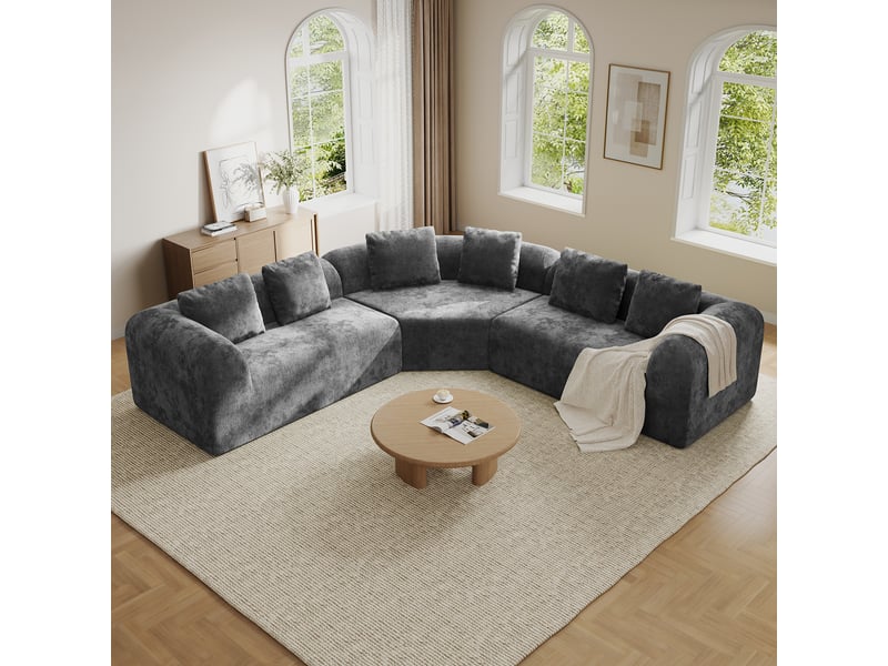 Canapé d'angle incurvé 3 places en tissu chenille premium,canapé compressé sans montage,mousse haute résilience,gris 326x97x66CM - Conforama B