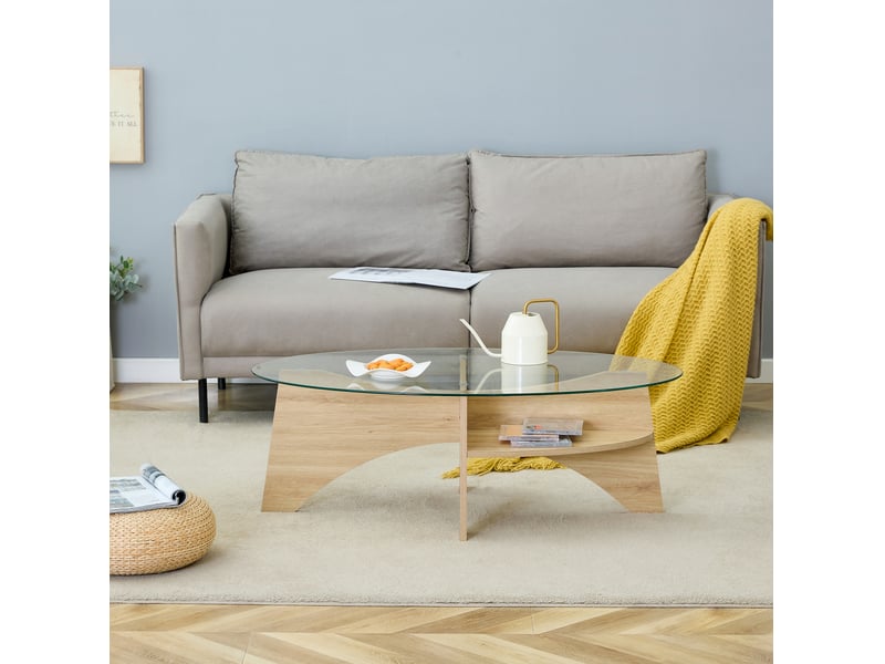  Table basse ovale avec 1 niche de rangement et plateau en verre de sécurité, style moderne, pour salon, en mdf et verre  - Conforama C