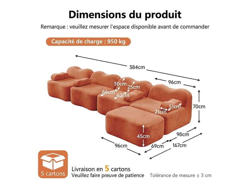 Canapé d'angle modulaire 4 places en velours orange - mousse 32d avec pouf, sans montage - Conforama C