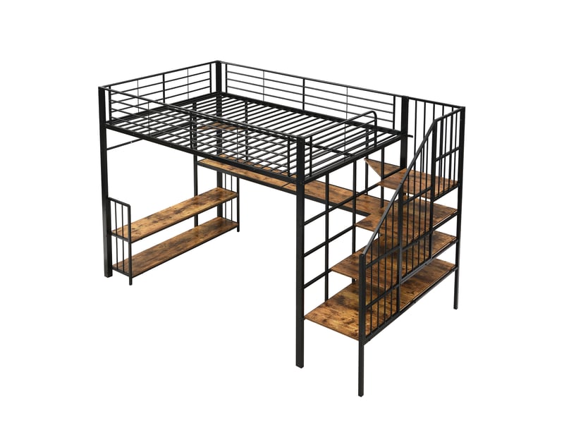  Lit mezzanine 120 x 200 cm, ports usb, barre de penderie, étagères de rangement, escalier, pour la chambre, métal et mdf, noir et noyer foncé ABC - Conforama A