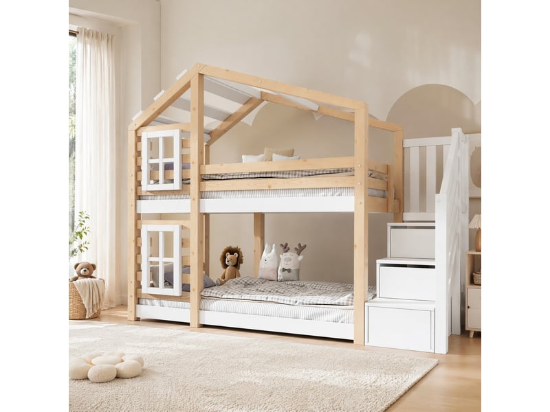  Lit superposé enfant cabane 90 x 200 cm avec rangements, garde-corps et 2 sommiers, naturel et blanc  - Conforama C