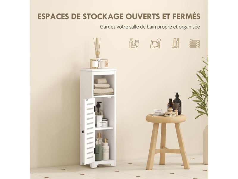  Meuble salle de bain, armoire salle de bain 4 niveaux  porte persienne, étagère ouvert, 22x20x75cm, blanc  - Conforama D