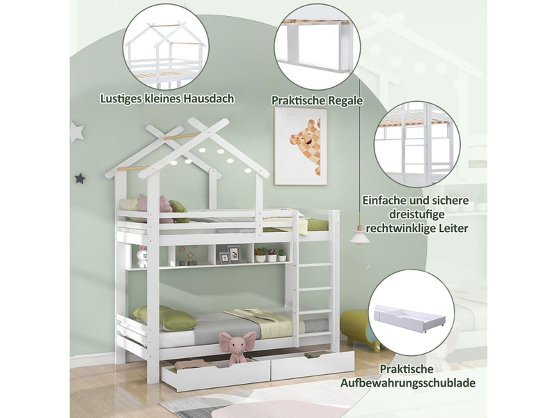  Lit mezzanine 90x200cm en pin blanc avec tiroirs de rangement et étagères, lit cabane enfant avec barrières et échelle à 3 marches  - Conforama D