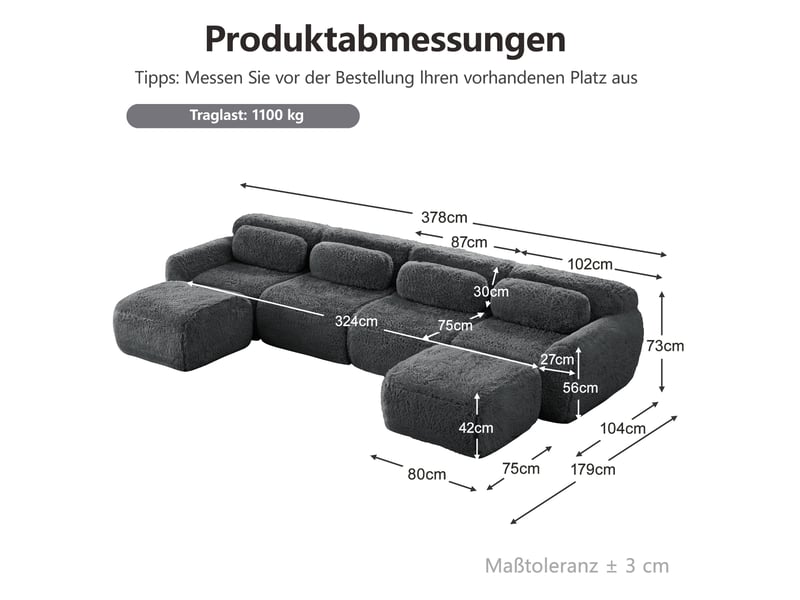 Canapé modulable en u 4 places gris en tissu peluche avec ottoman et coussins - Conforama E