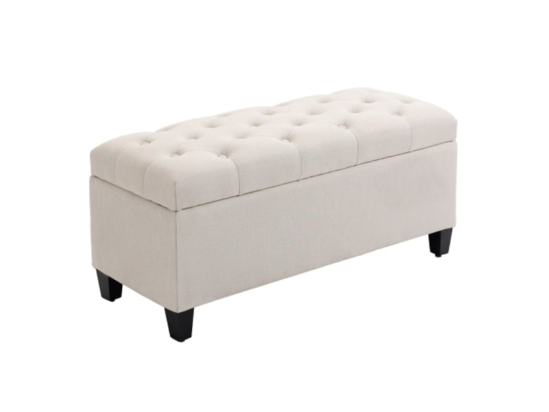 Banc coffre crème 100x40x44 cm, polyester aspect lin, bois d’hévéa, avec rangement  - Conforama A