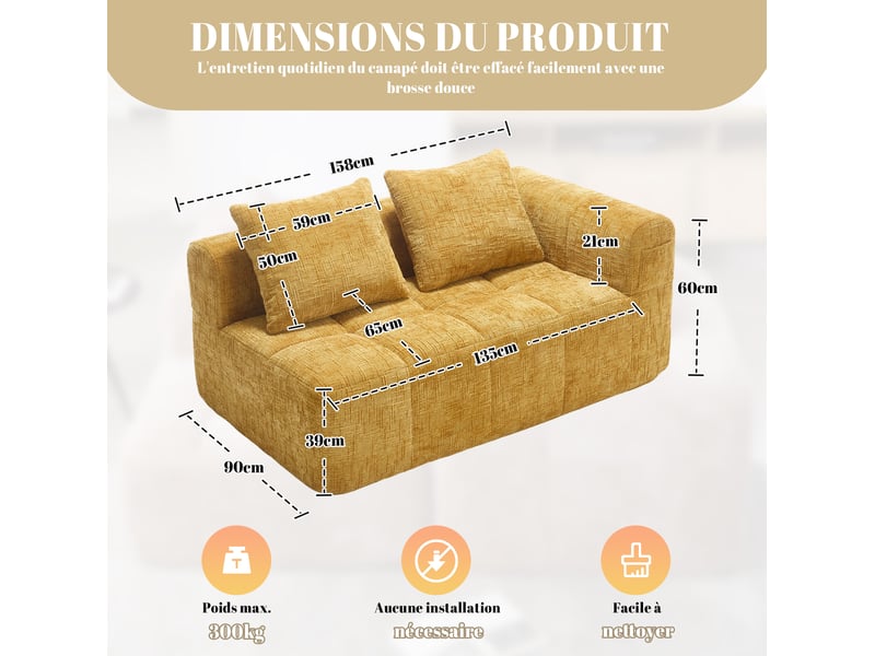  Canapé 158x90x60cm 2 places, rangement latéral, sans assemblage, meuble de salon, confort, revêtement chenille, jaune  - Conforama C