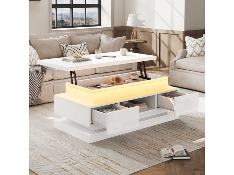  Table basse relevable blanche 100x50x40 cm, 2 tiroirs, plateau brillant led, rangement caché  - Conforama E