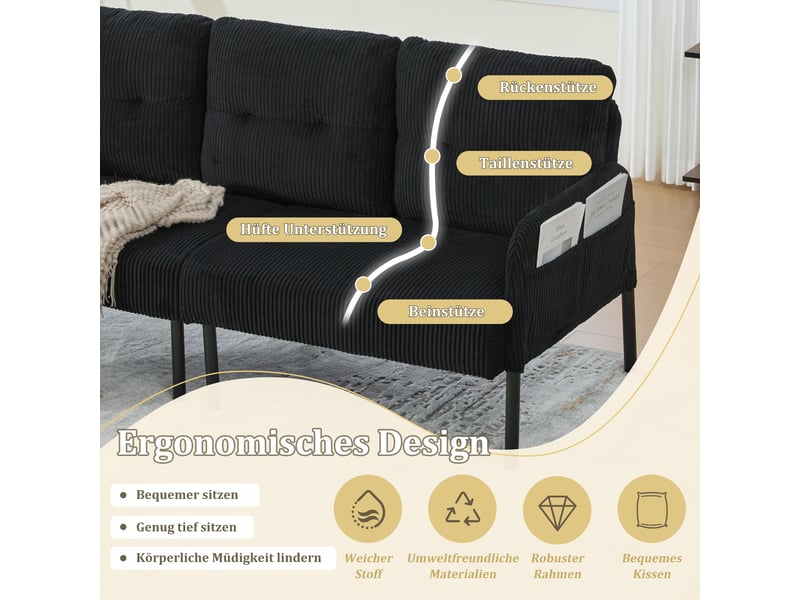  Canapé 3 places en velours côtelé noir avec dossier ergonomique et poches latérales pratiques  - Conforama E