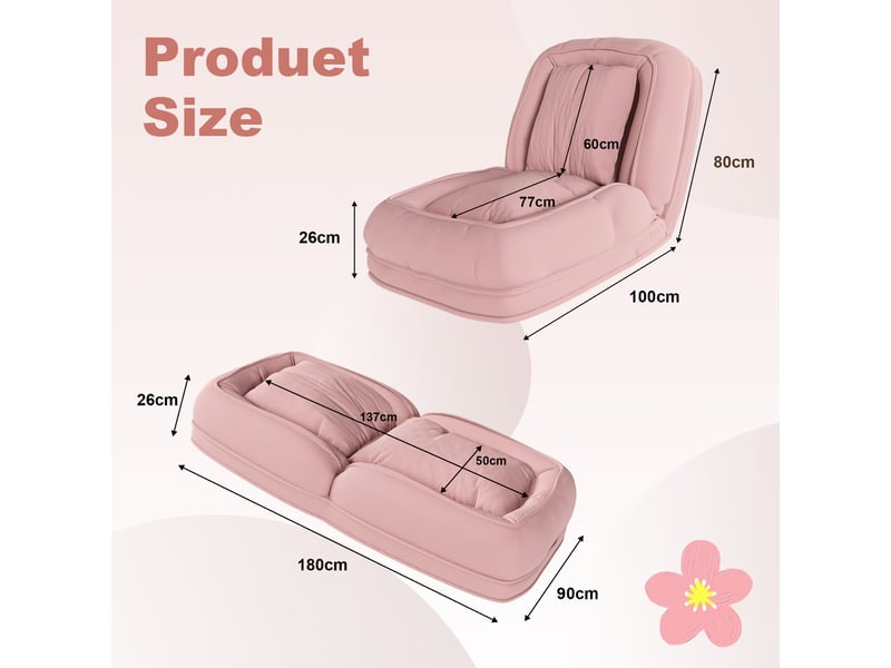 Canapé lit pliable ergonomique rose, dossier réglable 5 positions 90° à 180°, 2 coussins, tissu côtelé. - Conforama C
