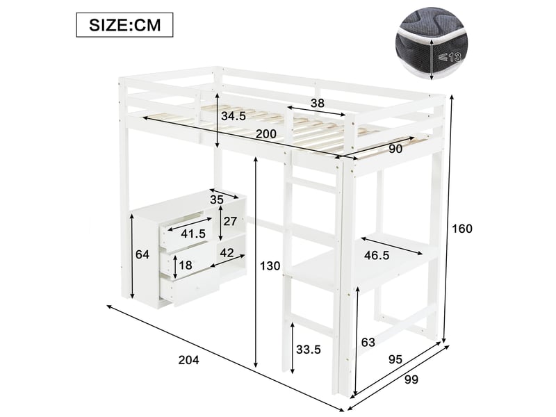 Lit mezzanine enfant avec bureau, meuble à tiroirs et étagère blanc 90 x 200 cm - Conforama E