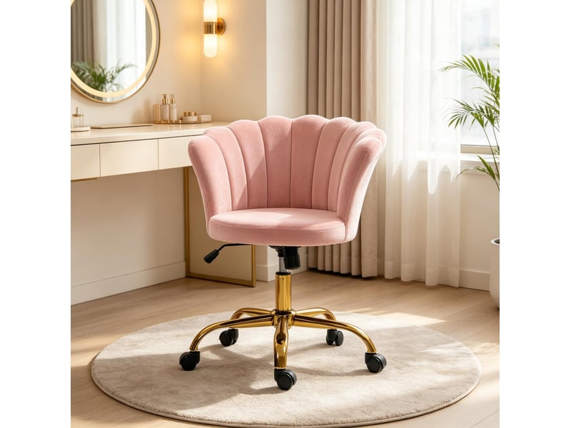  Chaise de bureau pivotante à hauteur réglable avec dossier en pétales et roulettes, en velours et acier rose  - Conforama B