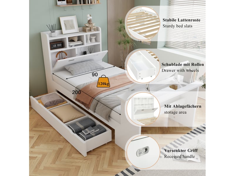  Lit simple enfant 90x200 cm – blanc – tiroir réversible et table pliante 12 positions – sans matelas  - Conforama E