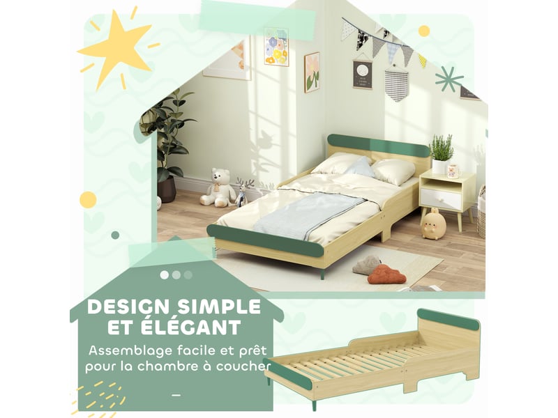  Lit pour enfant lit au sol enfant de 3 à 10 ans avec barrière de sécurité, vert, sommier à lattes inclus  - Conforama W