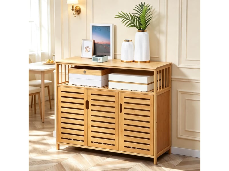 Buffet 100w x 35d x 82h cm en bambou à 3 portes et étagère ouverte naturel chicfurn - Conforama C