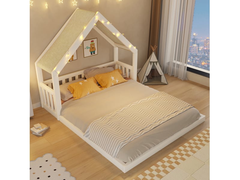  Lit cabane 140x200 avec toit en tissu et guirlande lumineuse evryae  - Conforama B