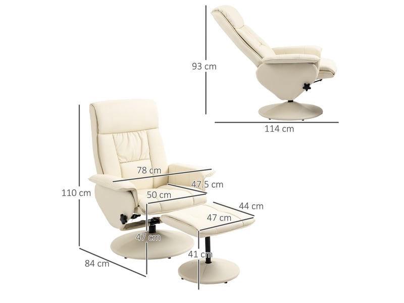 Fauteuil relax inclinable jusqu'à 135° avec assise pivotante et pouf repose-pieds, 78 x 84 x 110 cm, crème - Conforama E