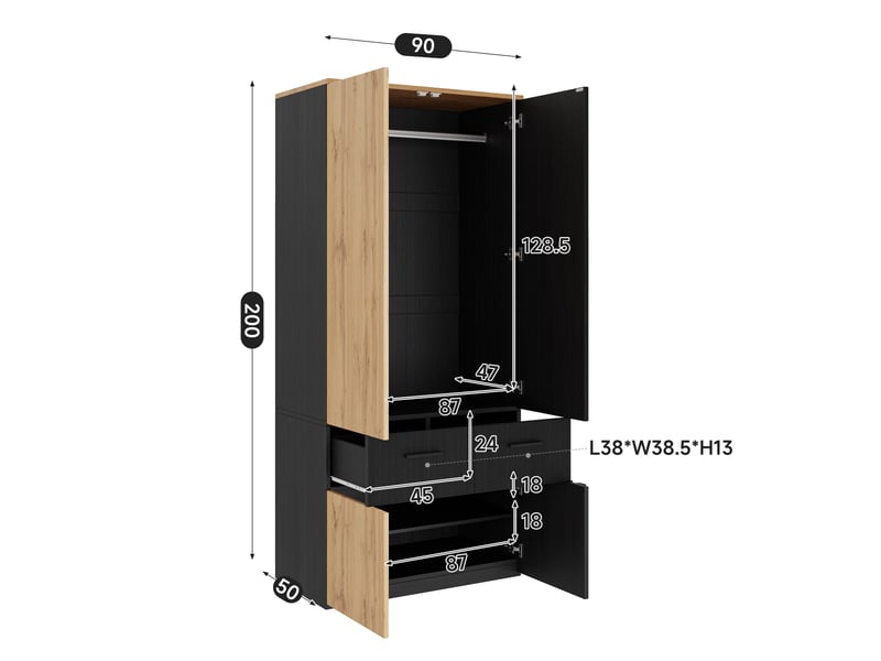 Armoire chambre 90x50x200 cm, penderie avec tringle et tiroirs, meuble de rangement pour dressing, en bois mdf, noir et bois - Conforama E