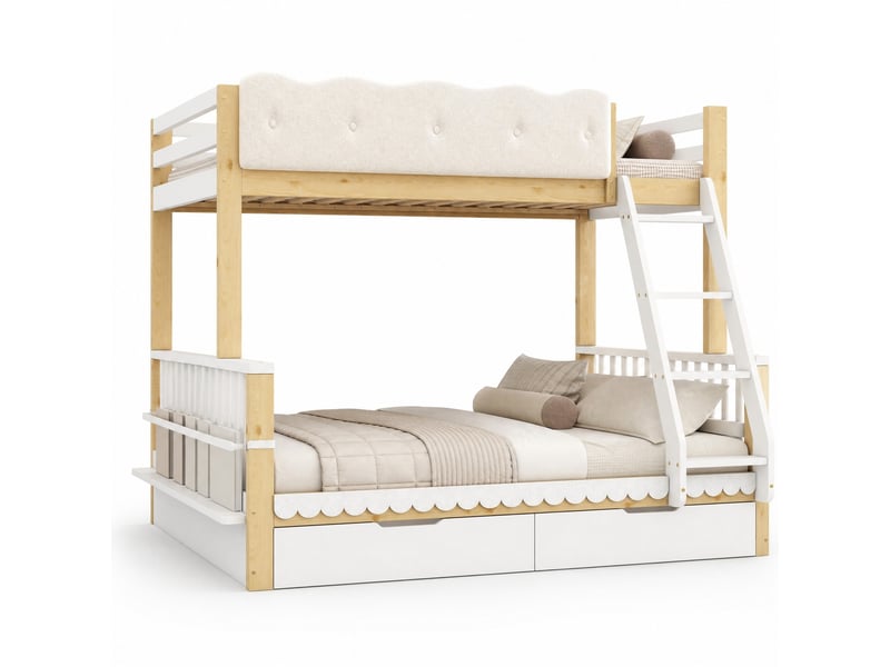 Lit superposé enfant 90x200 et 140x200 cm avec tiroirs et porte-revues, blanc chêne - Conforama A