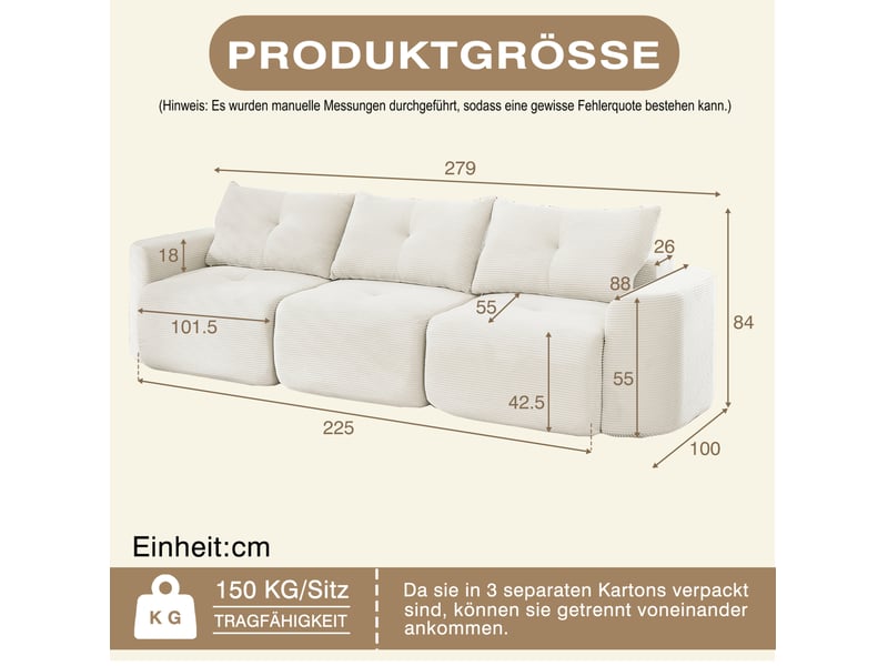  Canapé modulable 3 places couleur beige, configuration 2+1, design arrondi, mousse, revêtement côtelé  - Conforama C