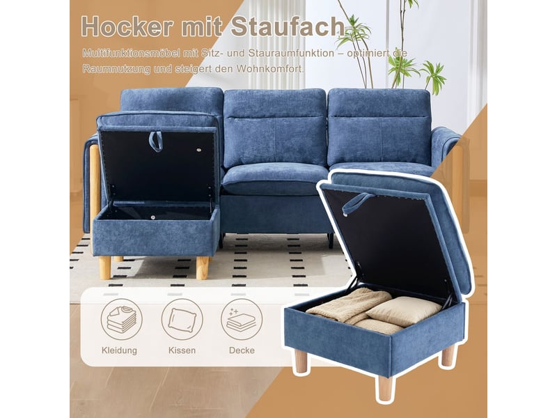 Canapé d'angle style nordique pouf de rangement poches latérales pieds en bois chenille bleue - Conforama E