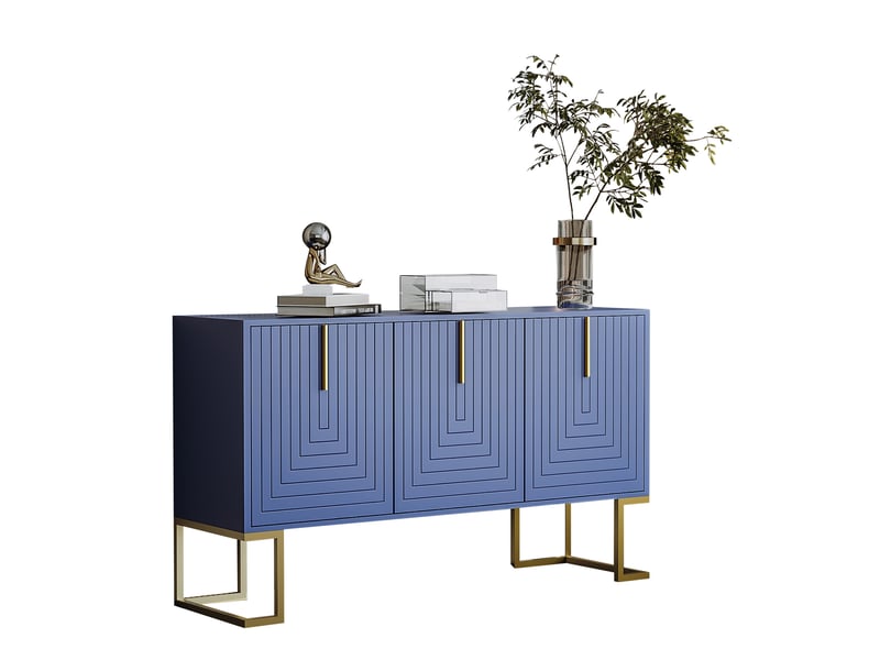 Buffet bas 3 portes bleu marine avec étagères réglables, poignées et piètement en métal, 138 x 40 x 80,5 cm - Conforama A
