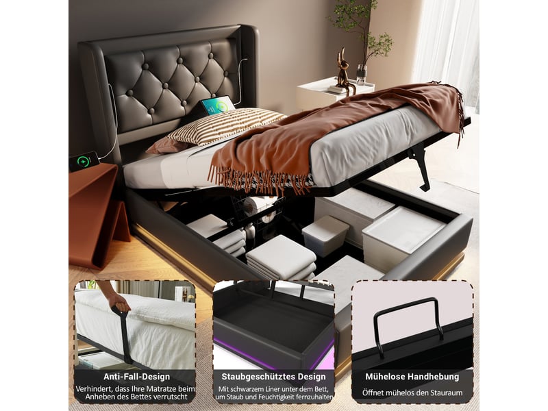  Lit rembourré 90*200 cm avec usb-c, led 3 côtés et coffre hydraulique, lit simple noir pu, matelas inclus  - Conforama E